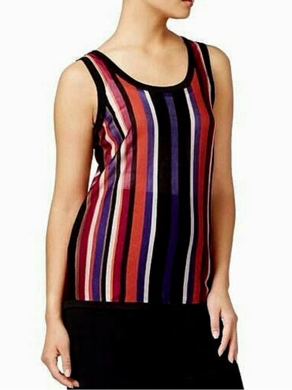 Anne Klein NWT Sz L Semi Sheer Black, Purple, Pink & Orange Stripe Knit Tank Top